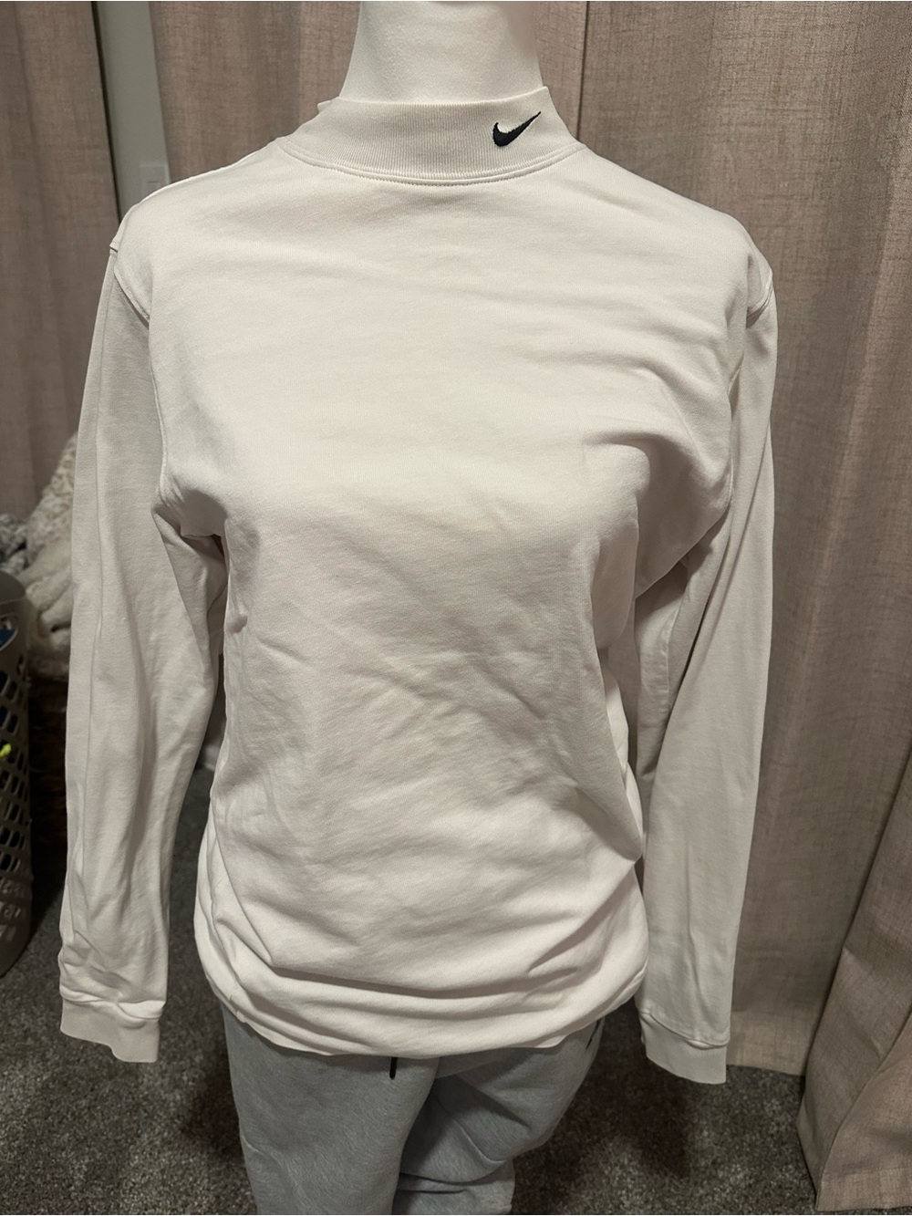 Nike White Men’s Mock Neck Long Sleeve Shirt with Black Swoosh